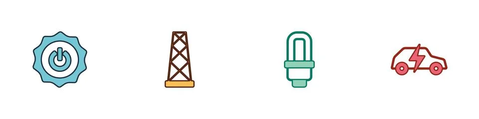Set Power button, Antenna, LED light bulb and Electric car icon. Vector Stock Illustration