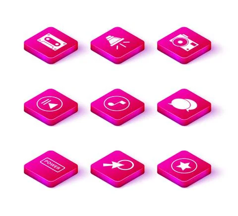 Set Power button, Arrow cursor, Rewind, Music note, tone, Star, Speech bubble Ilustração Stock