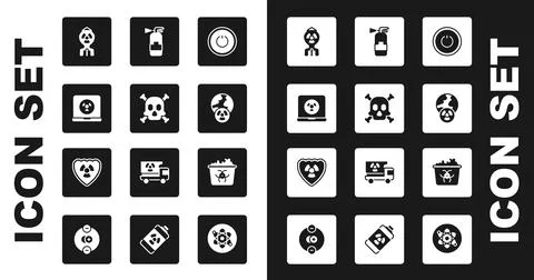 Set Power button, Bones and skull warning, Nuclear laptop, bomb, Planet earth Illustrazione stock