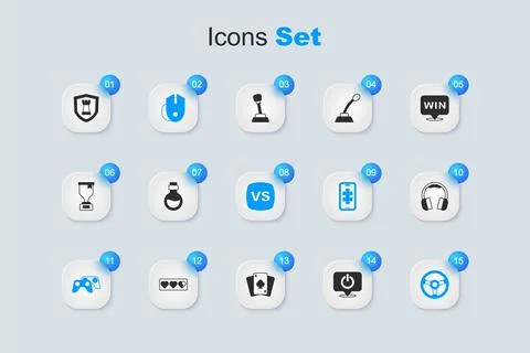 Set Power button, Bottle with magic elixir, Computer mouse, Game controller.. Illustrazione stock