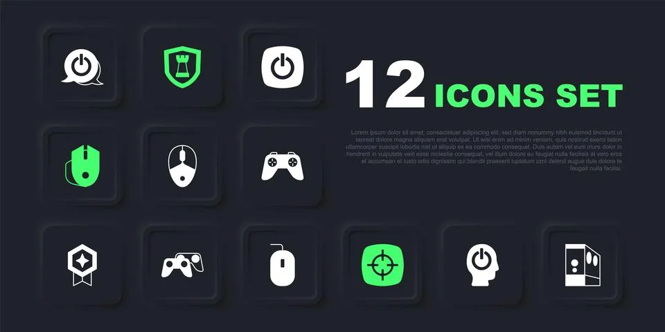 Set Power button, Case of computer, Computer mouse, Target sport, Game cont.. Stock Illustration