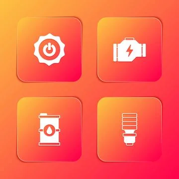 Set Power button, Check engine, Bio fuel barrel and LED light bulb icon. Vect イラスト素材