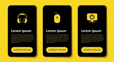 Set Power button, Computer mouse and Headphones. Business infographic template Illustrazione stock