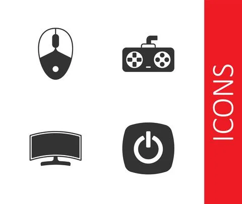 Set Power button, Computer mouse, monitor and Game controller joystick icon Stock Illustration