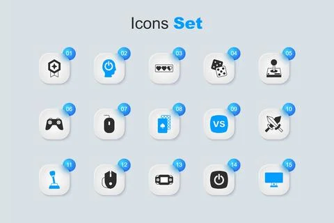 Set Power button, Computer mouse, Gear shifter, monitor, Sword for game, Ga.. Stock Illustration