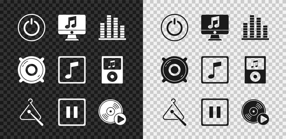 Set Power button, Computer with music note, Music equalizer, Triangle musical Stock Illustration