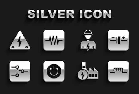 Set Power button, DC voltage source, Inductor in electronic circuit, Nuclear Illustrazione stock