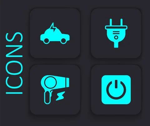 Set Power button, Electric car, plug and Hair dryer icon. Black square button Illustrazione stock