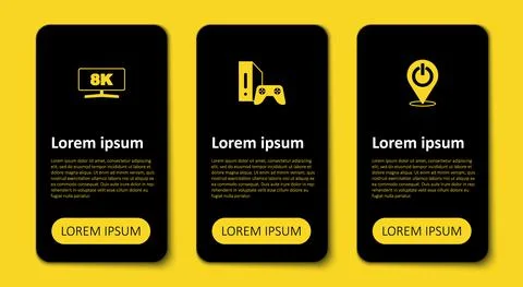 Set Power button, Game console with joystick and Computer monitor. Business Illustrazione stock