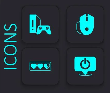 Set Power button, Game console with joystick, Computer mouse and life bar icon Stock Illustration