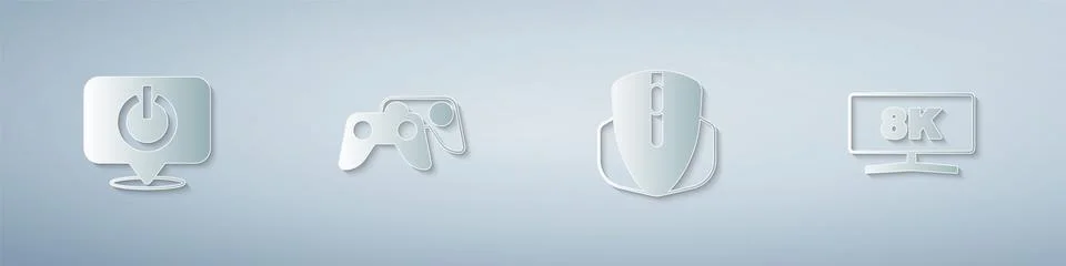 Set Power button, Game controller or joystick, Computer mouse and monitor. Paper Illustrazione stock