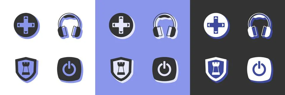 Set Power button, Game controller or joystick, Chess shield and Headphones icon Illustrazione stock