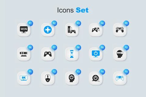 Set Power button, Game controller or joystick, Computer monitor, Virtual re.. 스톡 일러스트