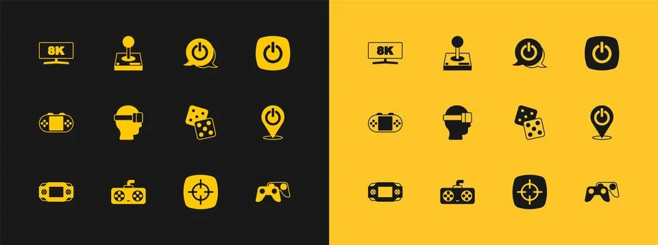 Set Power button, Game controller or joystick, dice, Target sport, Virtual .. Ilustración de archivo