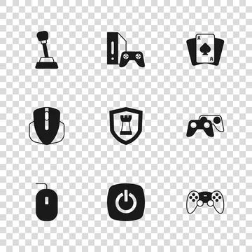 Set Power button, Game controller or joystick, Chess shield, Playing cards,.. 库存插图
