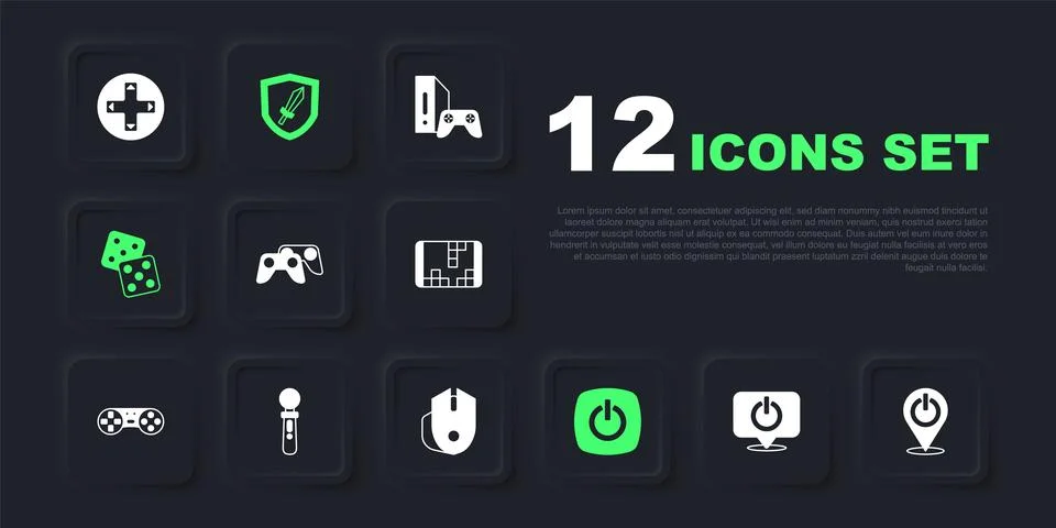 Set Power button, Game controller or joystick, dice, VR game, Sword for and.. Stock Illustration