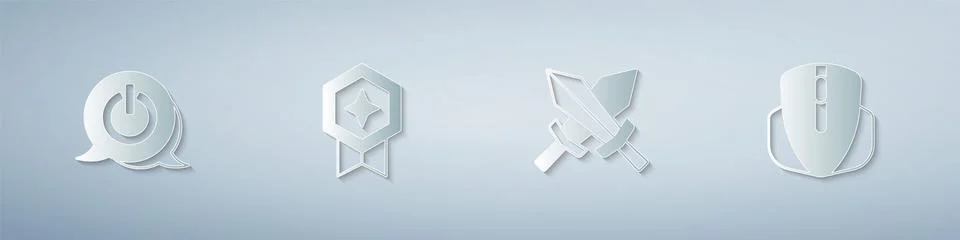 Set Power button, Game rating with medal, Sword for game and Computer mouse Illustrazione stock