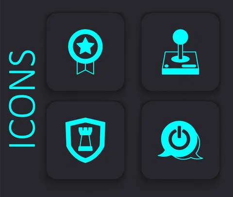 Set Power button, Game rating with medal, Joystick for arcade machine and Chess Stock Illustration