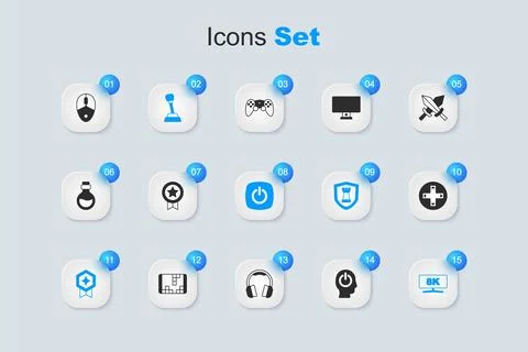 Set Power button, Game rating with medal, Gear shifter, Computer monitor, c.. Stock Illustration