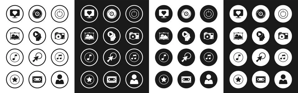 Set Power button, Head people with play, Picture landscape, Like heart, Pho.. Stock Illustration