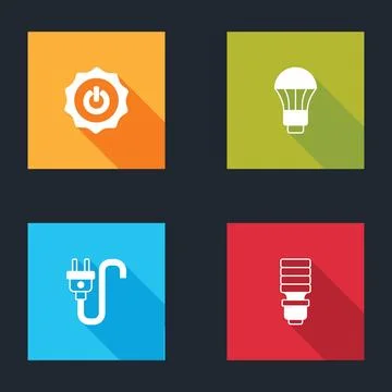 Set Power button, LED light bulb, Electric plug and icon. Vector Illustrazione stock