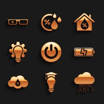 Set Power button, Light bulb and graduation cap, Internet of things, Battery Stock Illustration