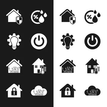 Set Power button, Light bulb and gear, House under protection, Humidity, Smart Stock Illustration
