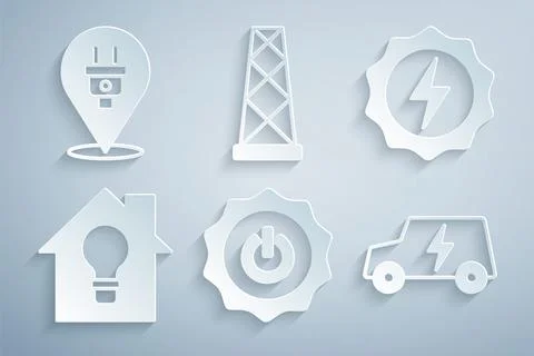 Set Power button, Lightning bolt, Smart house and light bulb, Electric car Stock Illustration