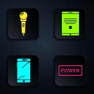 Set Power button, Microphone, Smartphone, mobile phone and Tablet. Black square Stock Illustration