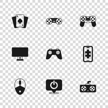 Set Power button, Mobile gaming, Game controller or joystick, Playing cards.. Illustrazione stock