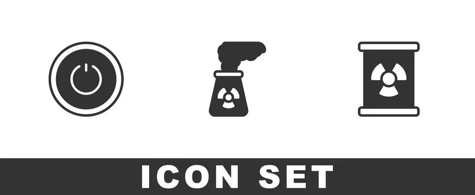 Set Power button, Nuclear power plant and Radioactive waste in barrel icon Illustrazione stock