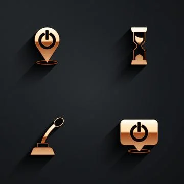 Set Power button, Old hourglass, Microphone and icon with long shadow. Vector Stock Illustration