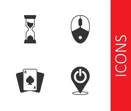 Set Power button, Old hourglass, Playing cards and Computer mouse icon. Vector Stock Illustration