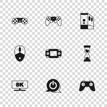 Set Power button, Old hourglass, Game controller or joystick, Portable vide.. Stock-Illustration