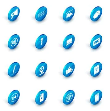 Set Power button, Picture landscape, Speech bubble chat, Speaker mute, Pencil Ilustración de archivo