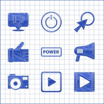 Set Power button, Play in square, Video, Megaphone, Photo camera, Hand like.. 库存插图