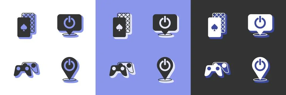 Set Power button, Playing cards, Game controller or joystick and icon. Vector Illustrazione stock