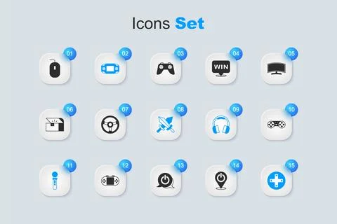 Set Power button, Racing simulator, Portable video game console, VR control.. Illustrazione stock