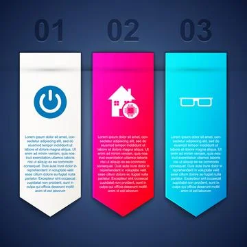 Set Power button, Smart home and Glasses. Business infographic template. Vect Stock Illustration