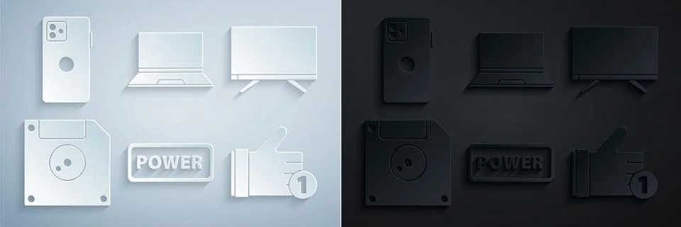 Set Power button, Smart Tv, Floppy disk for computer data storage, Hand like Illustrazione stock