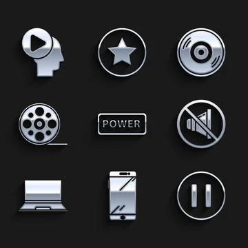 Set Power button, Smartphone, mobile phone, Pause, Speaker mute, Laptop, Film Stock Illustration