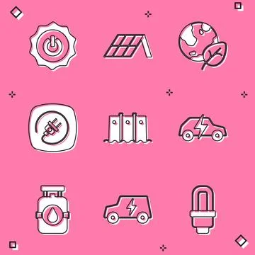 Set Power button, Solar energy panel, Earth globe and leaf, Electric plug Stock Illustration