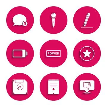Set Power button, Tablet, Dislike in speech bubble, Star, Floppy disk for Stock Illustration