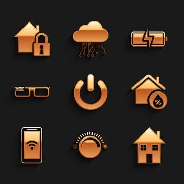 Set Power button, Thermostat, House, humidity, Mobile with wi-fi wireless, .. Ilustração Stock