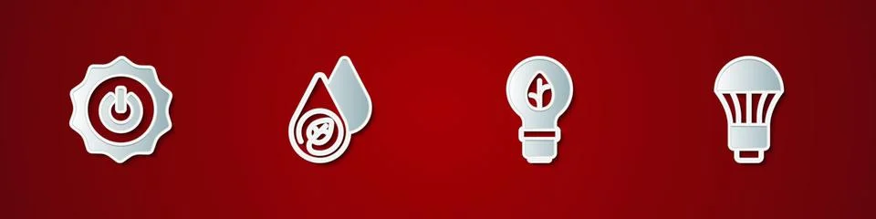 Set Power button, Water energy, Light bulb with leaf and LED light icon. Vector Stock Illustration