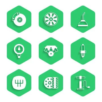 Set Power car engine, Car tire wheel, air pump, spark plug, Gear shifter, Tire Stock Illustration
