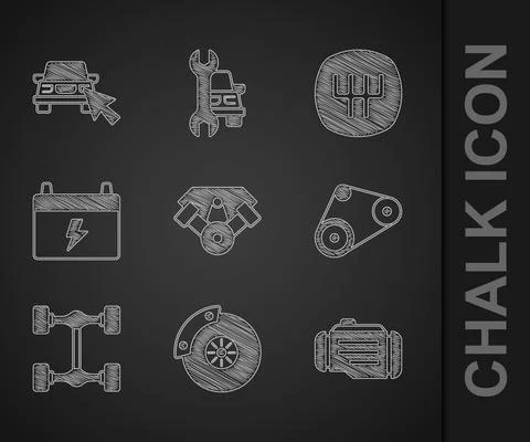Set Power car engine, Car brake disk with caliper, Check, Timing belt kit Stock Illustration