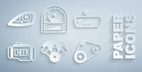 Set Power car engine, Car mirror, Check, Timing belt kit, Motor gas gauge a.. Stock Illustration