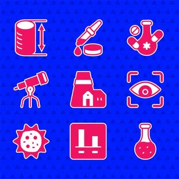 Set Power station plant, Graph chart infographic, Test tube, Eye scan, Viru.. Stock Illustration