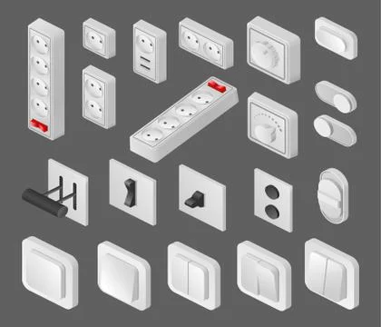 Set power surge protector and switch button and toggle isometric vector 스톡 일러스트